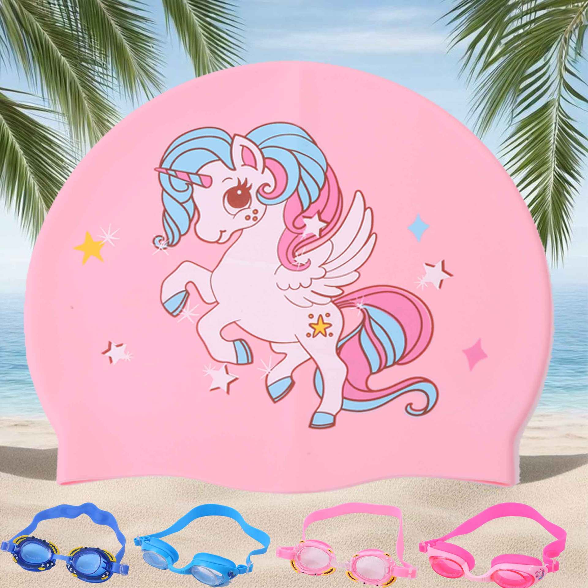 Gorro de baño de dibujos animados de silicona para niños, cabello largo para niñas, protección para los oídos impermeable, sin estrangulamiento, lindo gorro de natación, equipo de natación