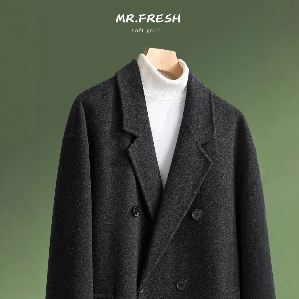 가을과 겨울 양면 캐시미어 코트 남자 긴 무릎 두 배 가슴 느슨한 한국식 양모 코트