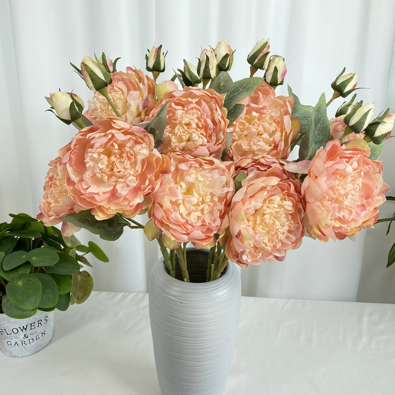 Tissu enduit 4-tête bord brûlé pivoine n ° 2 fleur artificielle intérieur salon décoration faux fleur décoration table à manger fleur décoration bouquet