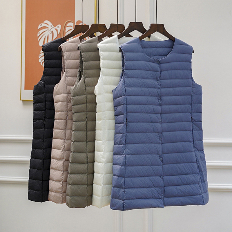 Cross-Border Tanktok Light down Jacket Vest Women's Mid-Length Round Neck V Neck Winter Korean Fashion Warm Jacket