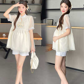 孕妇装新中式新款时尚显瘦刺绣孕妈妈遮肚子甜美洋气外出潮流套装