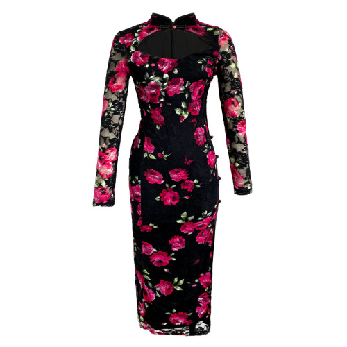 Fuchsia rose flowers with pink Qipao Dresses for women lace Retro Improved cheongsam dress miss etiquette Slim Hollow Split Cheongsam Dress