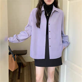 复古灯芯绒长袖衬衫女2025秋冬韩版灰紫色内搭翻领高级感叠穿上衣