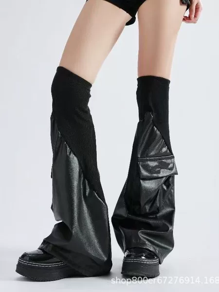Pocket Sock Sleeves with a Unique Faux Leather Ribbed Elastic Patchwork Design, Black Three-Dimensional Functional Over-The-Knee Leg Warmers, New Style Ins