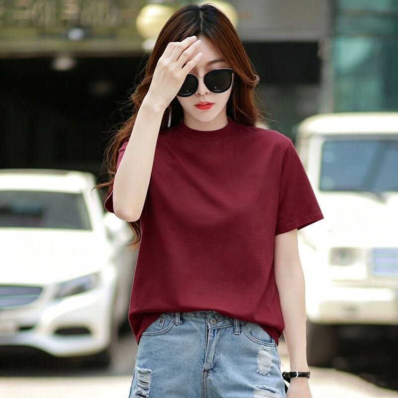 Burgundy Half-High Collar Short-Sleeved T-Shirt for Women, Loose-Fitting Pure Cotton Versatile Casual Top, New Summer 2026 Half-Sleeved Style Burgundy Half-High Collar Short-Sleeved T-Shirt for Women, Loose-Fitting Pure Cotton Versatile Casual Top, New Summer 2026 Half-Sleeved Style