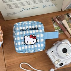 韩版蓝格纹猫咪收纳包随身便携外出旅行收纳包包手拎拍立得收纳袋