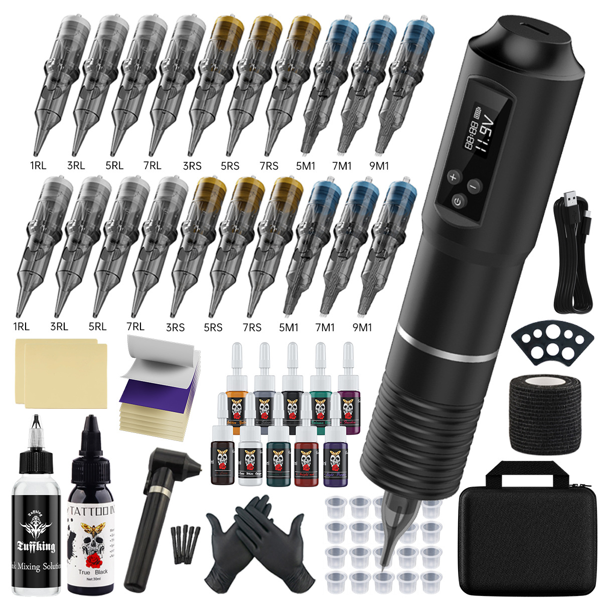 Bolígrafo inalámbrico de batería transfronteriza conjunto completo de herramientas de tatuaje de corte de alambre y niebla de aguja de tinta de tatuaje conjunto completo de consumibles