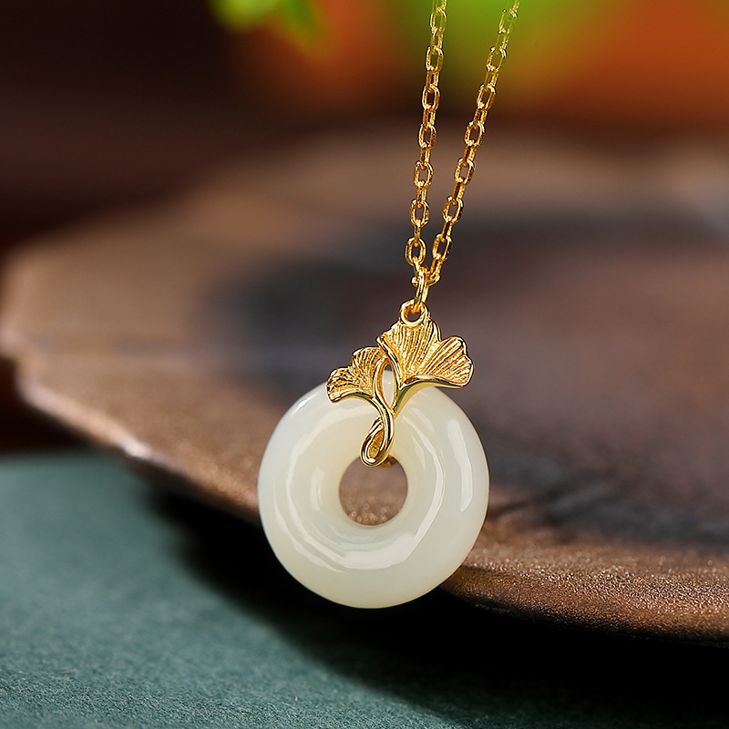 Dây chuyền bạc S925 mạ vàng mặt ngọc Hetian hình lá bạch quả khóa an toàn — Kiểu dây xích (bao gồm cả dây xích)