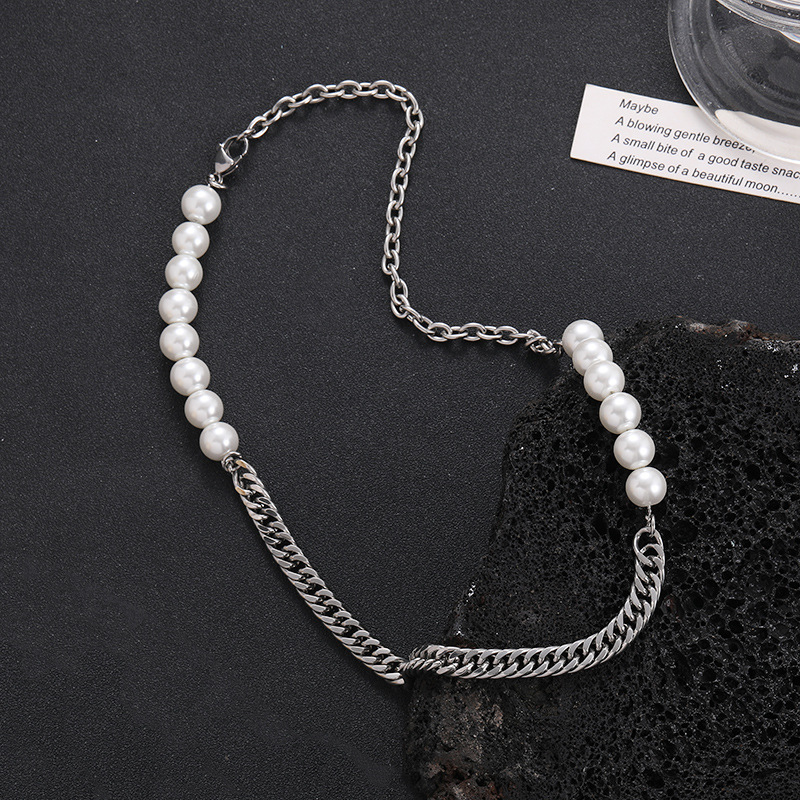 Personalisierte Titanstahl Cubankette Mit Perlenhalskette_voghion.com