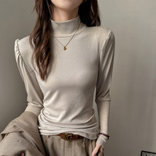 严选半高领天丝内搭打底衫女新款韩版泡泡袖设计感纯色可外穿上衣