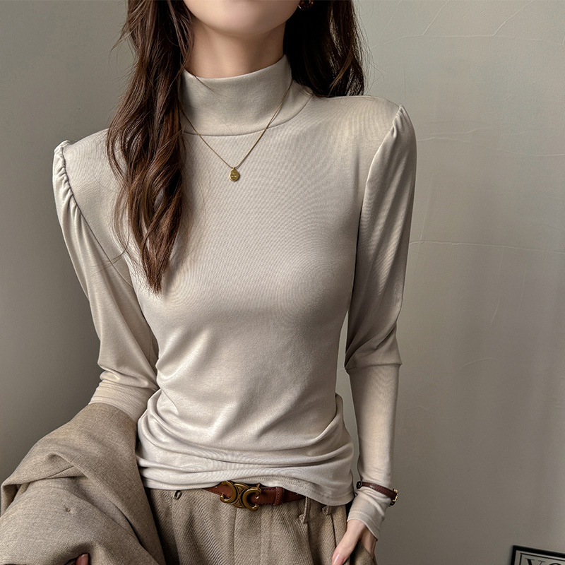 严选半高领天丝内搭打底衫女新款韩版泡泡袖设计感纯色可外穿上衣