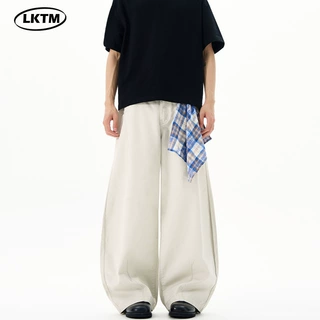 LKTM男装 水洗巴黎米灰色弯刀休闲裤男女可拆卸方巾设计感阔腿裤