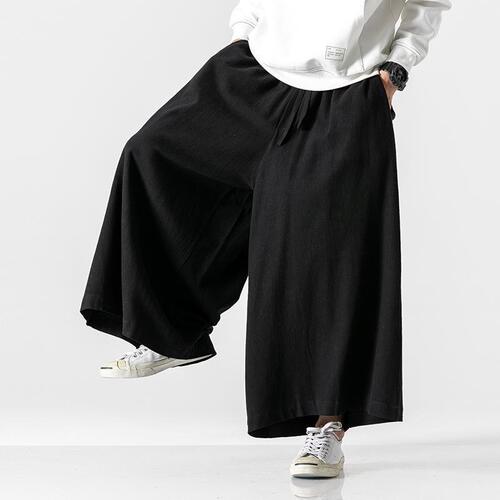 Spring Men's Pants Cotton Linen Casual Loose Large Size Cotton Linen Material Three-quarter Length Pants Chinese Style Retro Wide Leg Pants Skirt Pants