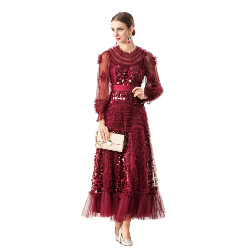 Round Neck Mesh See-Through Long-Sleeve Dress with Heavy Sequin Embellishment, Waist-Cinching, Puffy Skirt, Princess Style, New Spring 2026 Collection