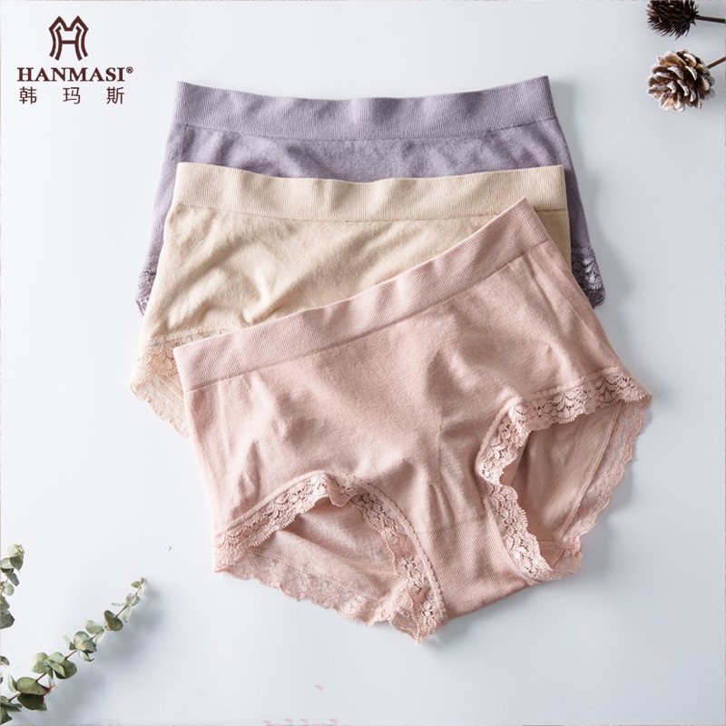 Hanmas Underwear Women's Modal Seamless Mid-Waist Hip Lift Girl's Skin-Friendly High Elastic Lace Seamless Shorts H12108