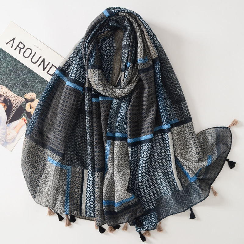 Primavera y verano nueva geométrica pequeña Plaid contraste color impreso algodón y lino sentir bufanda larga bufanda de seda viaje protección solar mantón exterior