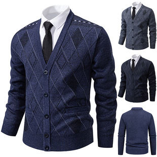 Cross-Border Wholesale Autumn and Winter Fleece-Lined Thick Men's Knitted Cardigan Sweater V-Neck Loose Knitwear Men's Trendy