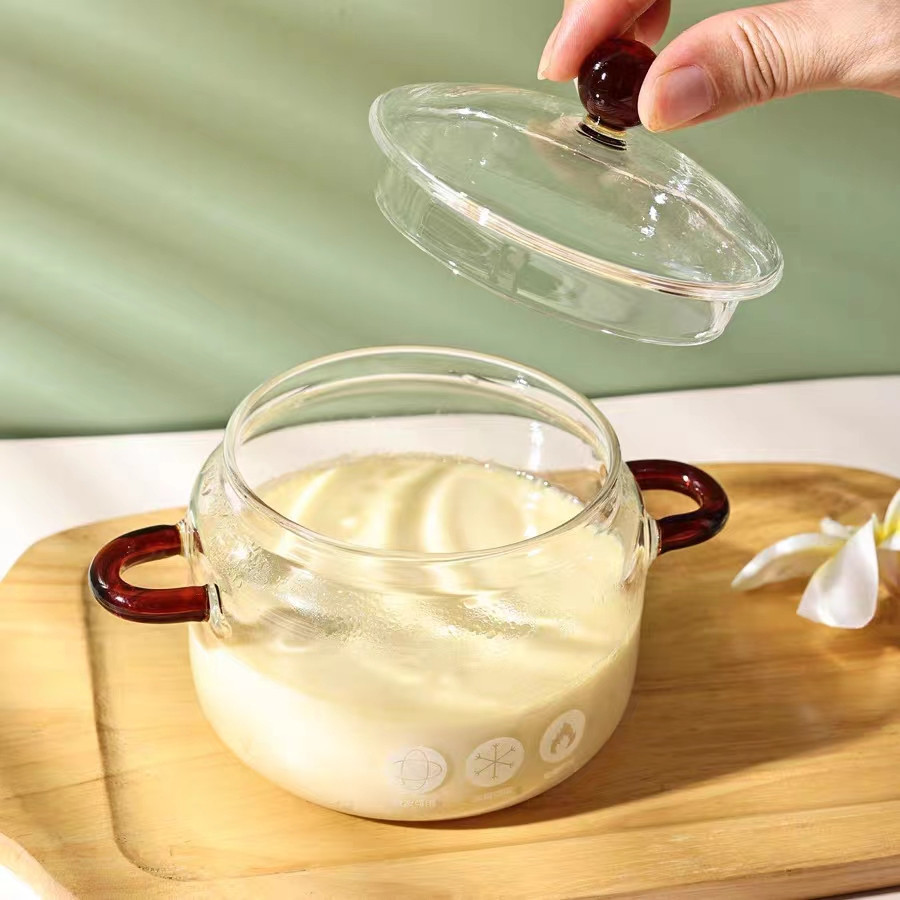 Pequeña taza de guiso de vidrio de estilo chino de doble oído de vidrio de borosilicato para el hogar pequeña taza de guiso 400ML taza de guiso de vidrio para el hogar