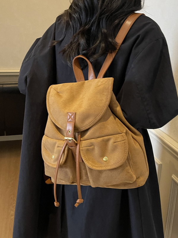 通勤复古麂皮绒女式双肩包2025新款潮休闲百搭后背包出游旅行书包|undefined