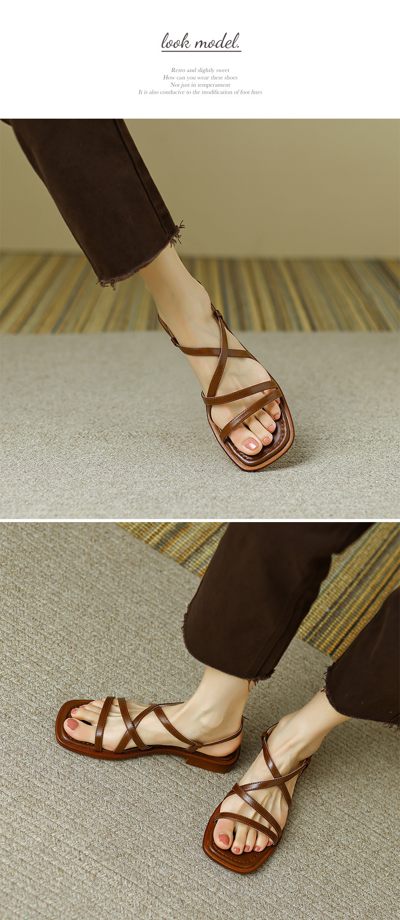Sandal La Mã dệt cổ điển nữ quai ngang đế bệt — Màu nâu chi tiết 4