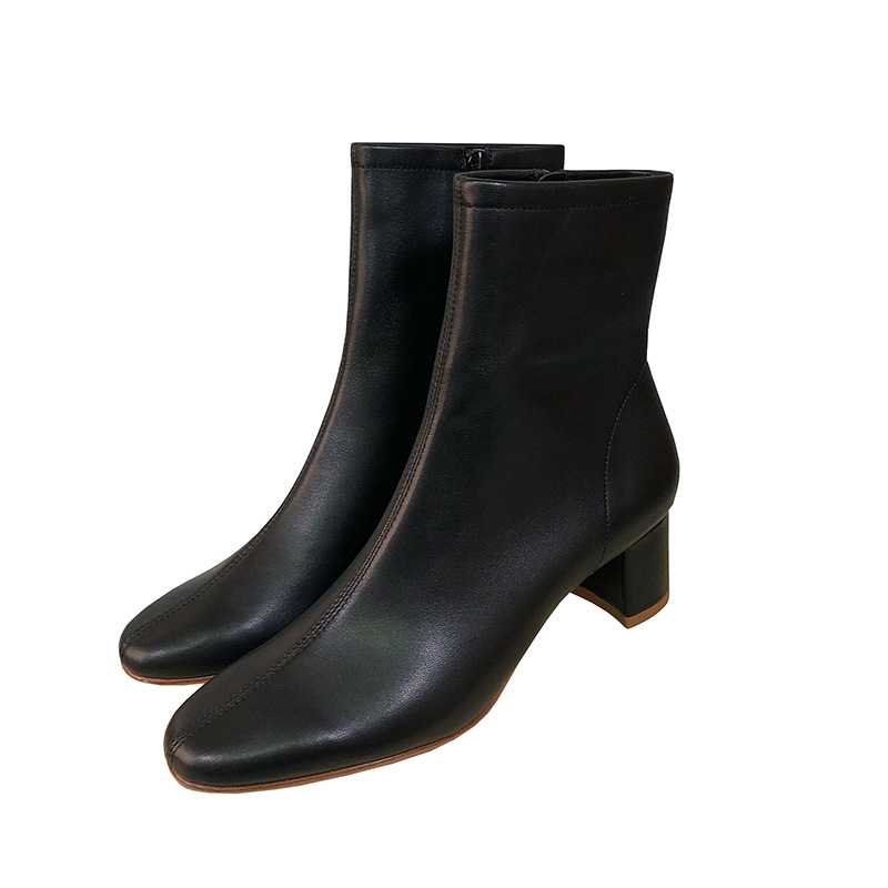 小衆純原by far本革ショートブーツ女性側ファスナー四角い中ヒールブーツフレンチレトロ痩せブーツ