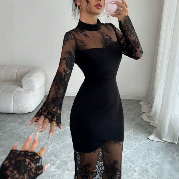 In-Stock European and American Cross-Border Hollow-Out Vintage Stand-Collar Long-Sleeve Lace Bodycon Waist-Slimming High-End Fashion Dress for Women In-Stock European and American Cross-Border Hollow-Out Vintage Stand-Collar Long-Sleeve Lace Bodycon Waist-Slimming High-End Fashion Dress for Women