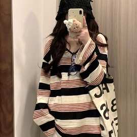 厂家直销美式复古正肩V领条纹长袖t恤女秋季内搭打底衫外穿宽松显