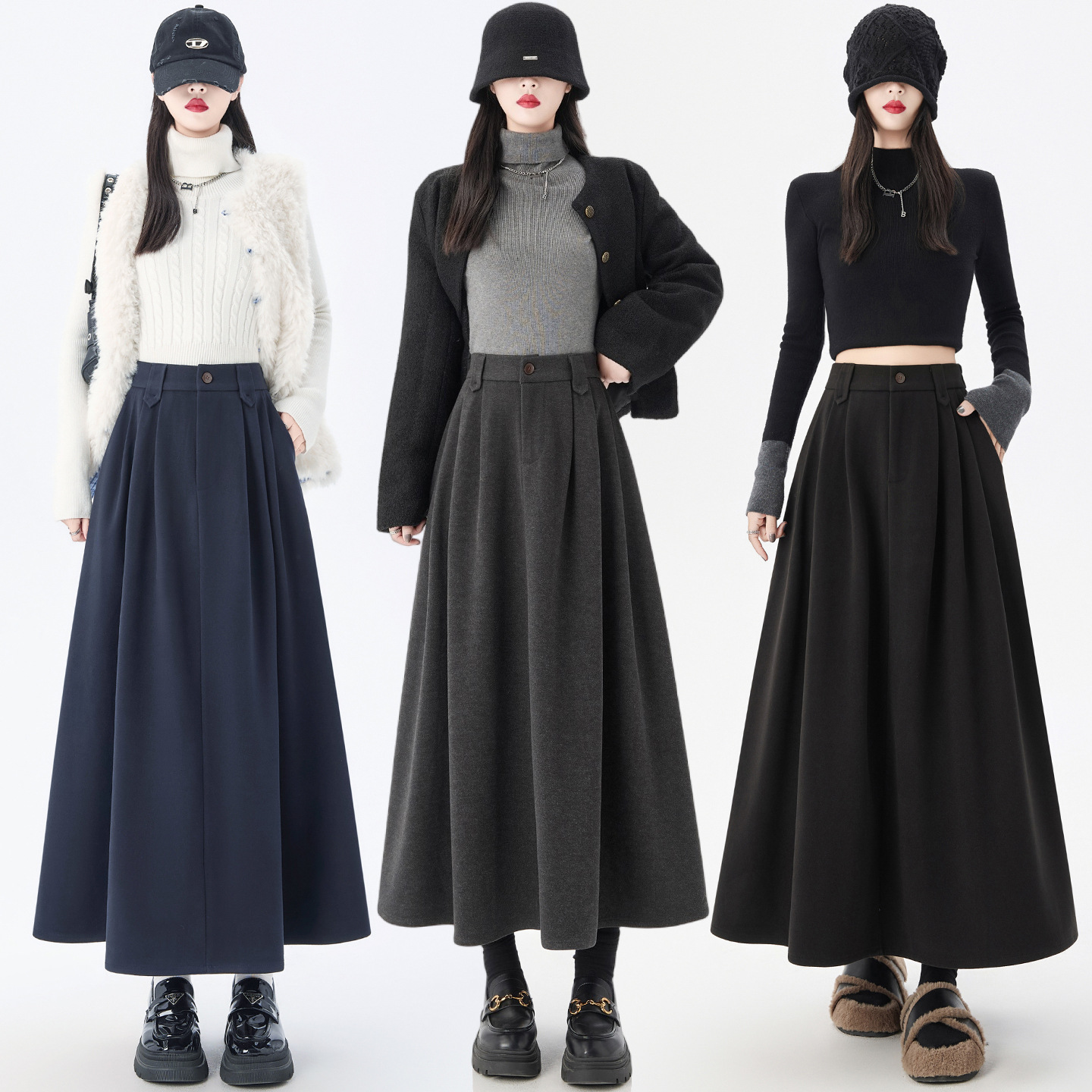 Navy Blue Woolen Skirt for Women in Autumn and Winter New Style Small Mid-Length A-Line Umbrella Skirt with Draped Long Skirt