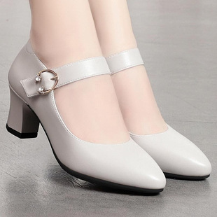 Spring and Autumn new women's uniform leather shoes thick high heel buckle leather shoes shallow mouth comfortable mom shoes soft bottom work women's shoes