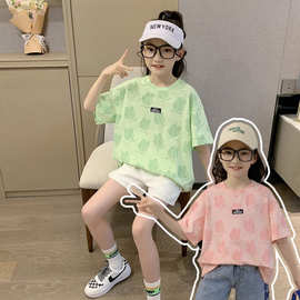 女童T恤夏季2025新款韩版洋气儿童短袖夏装小女孩满印上衣潮宽松