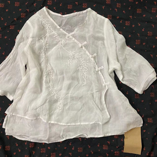 2025 Ramie Diagonal Placket Button Embroidered Asymmetrical Top (Length 61, Bust 112)
