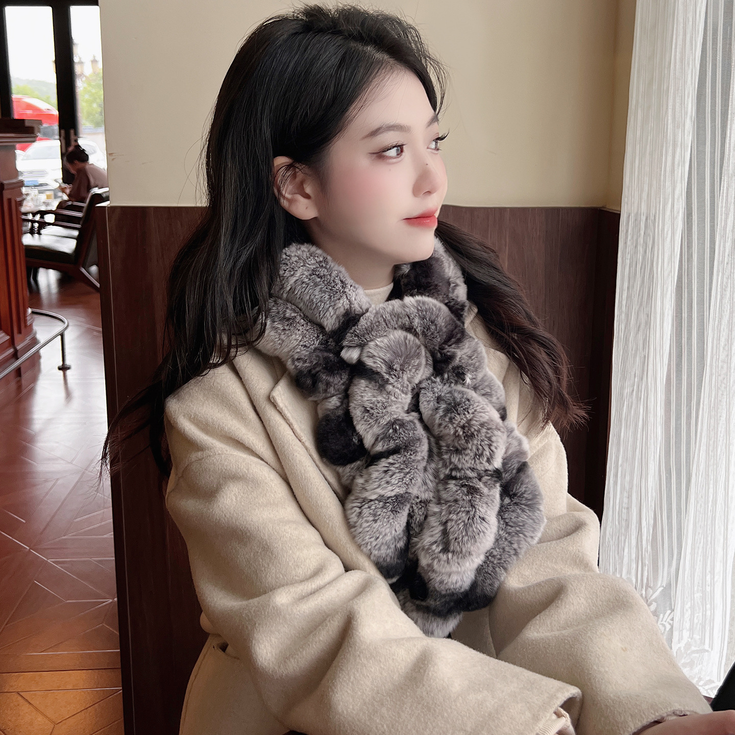 皮草围巾女冬季韩版獭兔毛围脖保暖加厚双面荷叶边长款脖套兔毛