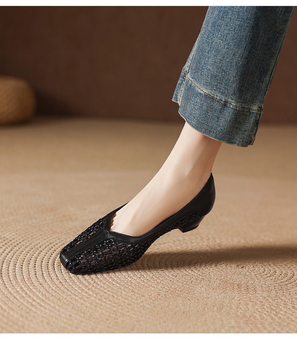 Giày sandal nữ mũi vuông gót thấp 3 cm da cừu hở bên — đen chi tiết 20