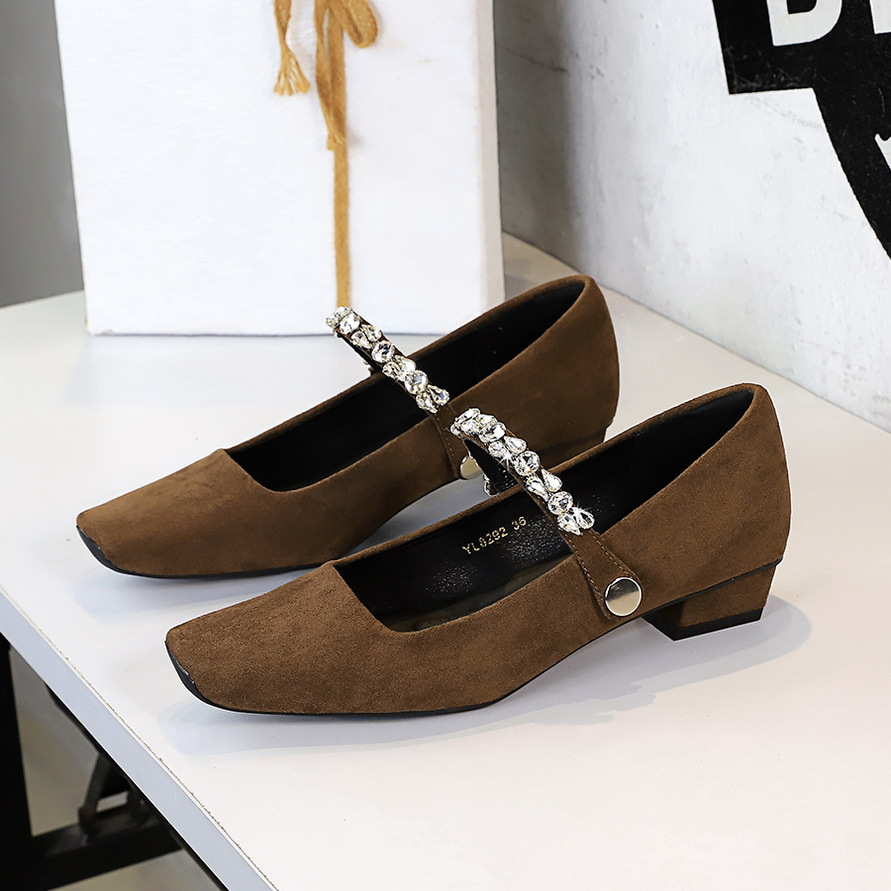 8292-K115 Mary Jane shoes square toe suede thick heel shallow mouth single shoe rhinestone flat belt low heel women's shoes