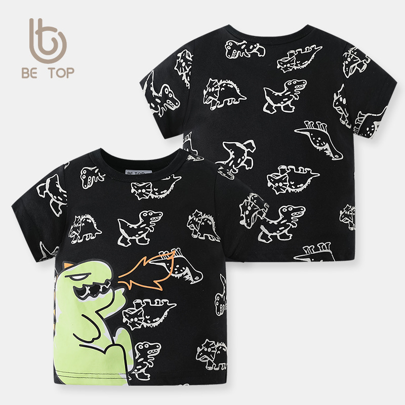 Betop estilo coreano niños de dibujos animados de manga corta verano completo impreso dinosaurio puro algodón bebé niños camiseta superior entrega de una pieza