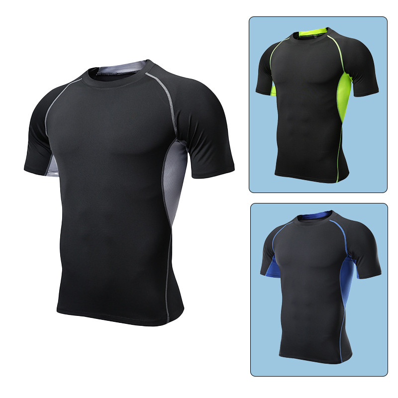 Summer Men's Quick-Drying Sports T-Shirt Tight Fitness High-Elastic Sweat-Absorbent Basketball Track and Field Breathable Sweat-Wicking Round Neck Short-Sleeved
