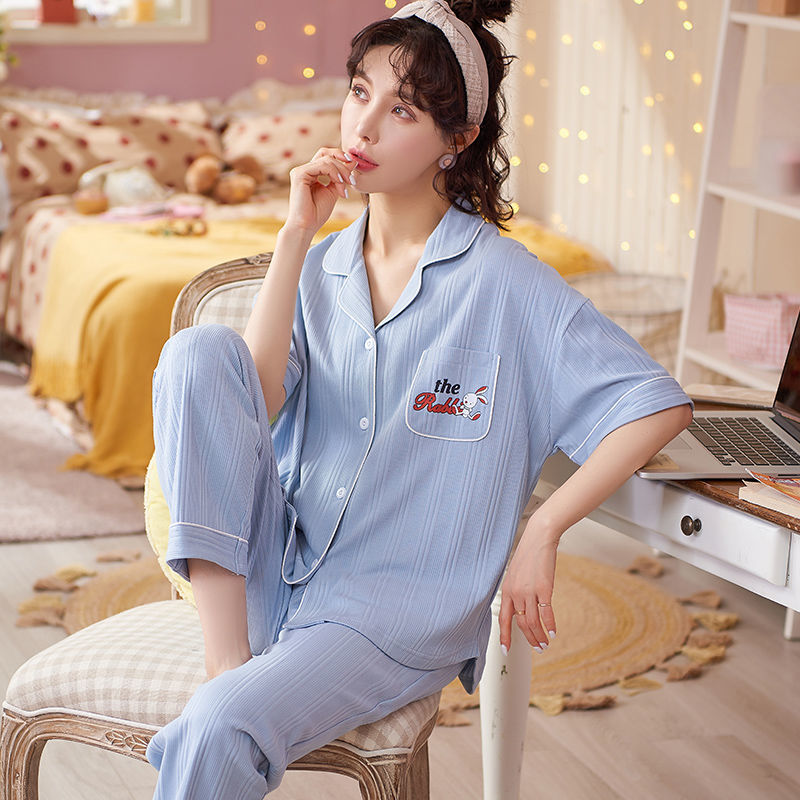 Pijamas de mujer de verano 100% algodón de manga corta pantalones de dos piezas conjunto de ropa de casa de las mujeres de primavera y otoño suelto se puede usar fuera