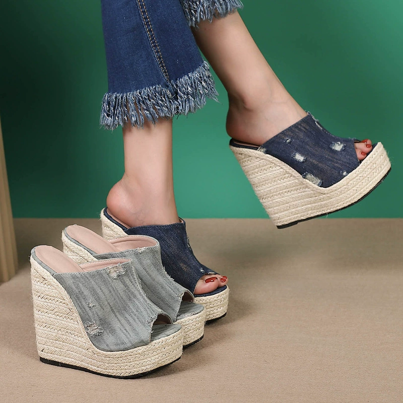 Европа и США 15 см танкетка высокий каблук на толстой подошве сандалии рыбий рот тапочки соломенная солома пеньковая веревка дно AliExpress трансграничный