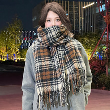 韩版干枯玫瑰粉围巾丁香格氛围感美拉德加厚情侣披肩格子百搭围脖
