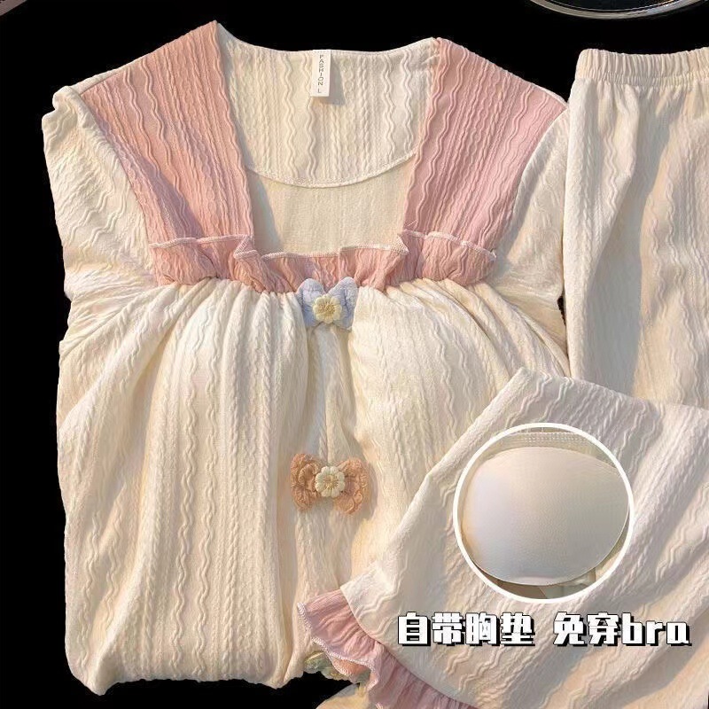 Sweet Girl Autumn Clouds Cotton Belt Chest Pad Pajamas Women's Cute Flower Button Square Collar Long Sleeve Trousers Casual suit