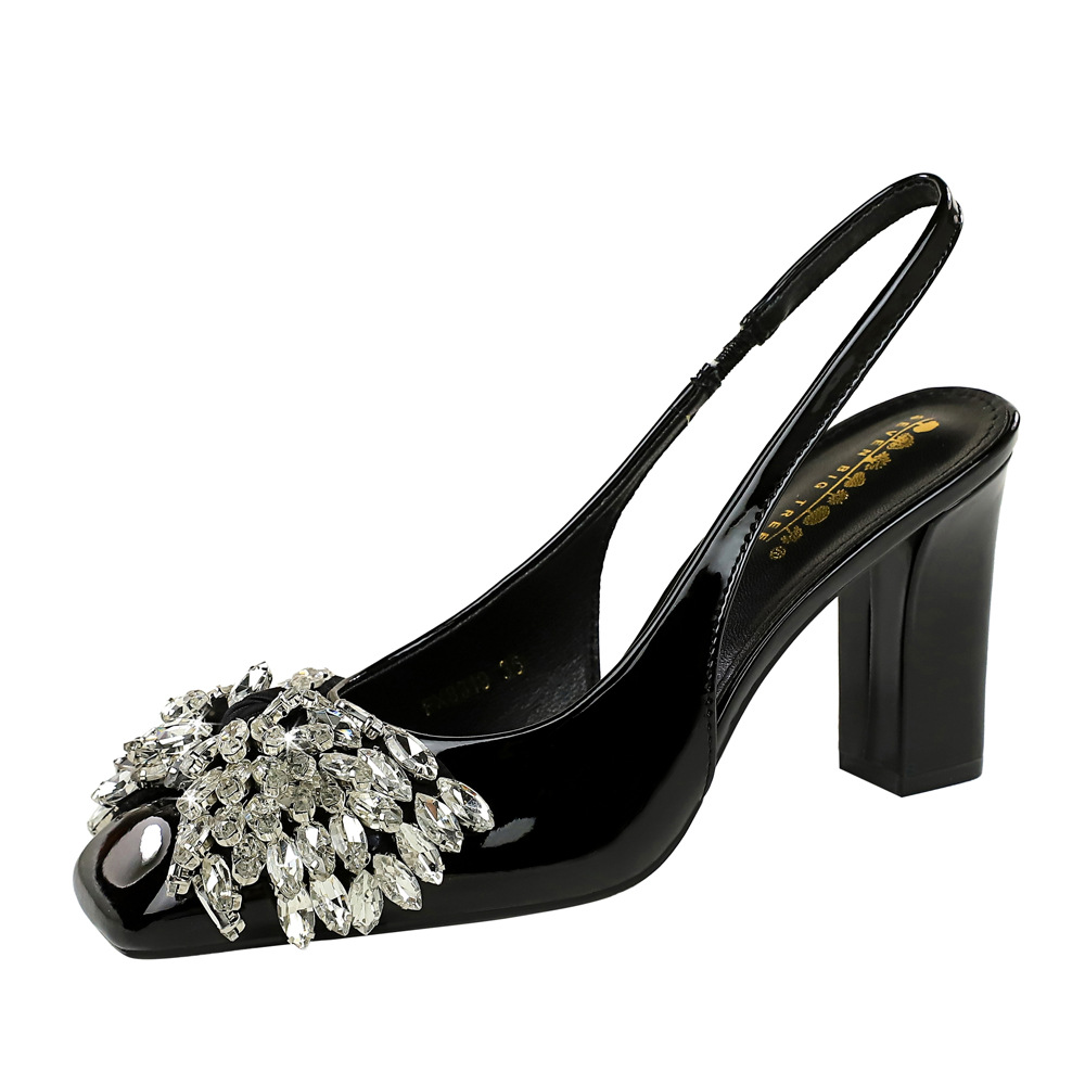 8319-H72 Korean Style Banquet Shallow Mouth Square Toe Patent Leather Women's Shiny Rhinestone Bowknot Chunky Heel Back_vogvips.com