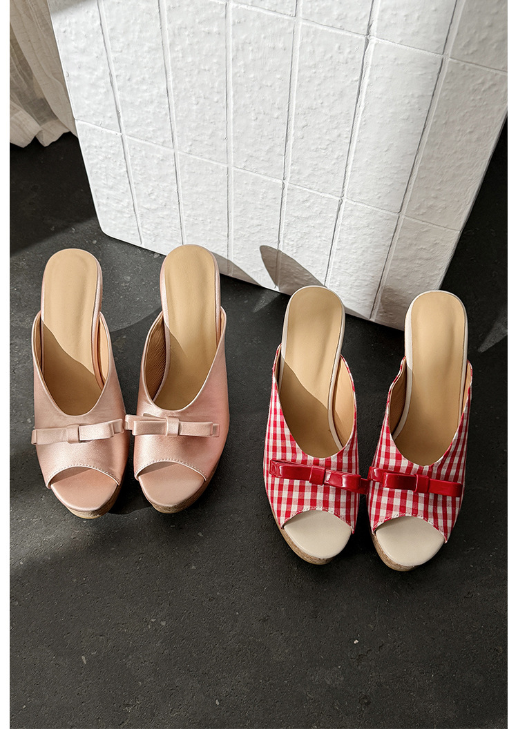 Sandal cao gót nữ mũi cá hở ngón, đế xuồng dày, nơ bướm, gót siêu cao 12 cm — Kẻ đỏ, Hồng sâm panh chi tiết 9