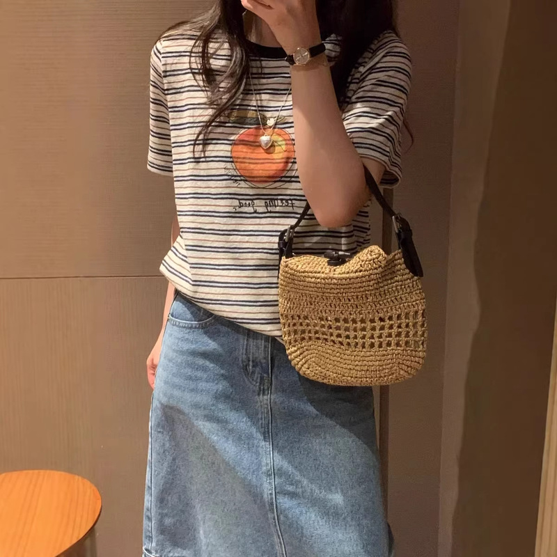 Orange Printed Striped Retro American Casual Korean Style Versatile Pullover T-Shirt Short-Sleeved Women's G1808 Orange Printed Striped Retro American Casual Korean Style Versatile Pullover T-Shirt Short-Sleeved Women's G1808