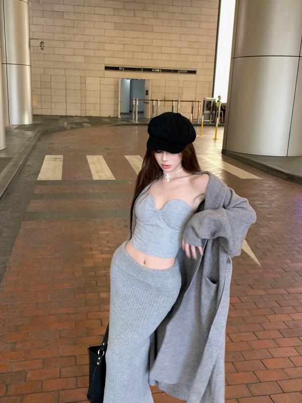 慵懒风宽松v领长袖针织外套女秋冬复古灰色毛衣开衫休闲长款大衣|undefined