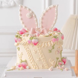 Pink Girl Heart Birthday Cake Decoration Rabbit Ears Fold Sugar Dried Pace Cake Stereo Strawberry Silicone Mold