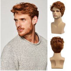 国境を越えた新製品かつら欧米の男性オレンジ色の偏分短カール化繊頭カバー男性ファッションかつら卸売り