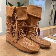 滨莉25秋冬波西米亚风中筒显瘦绑内增高复古流苏西部可翻折堆堆靴