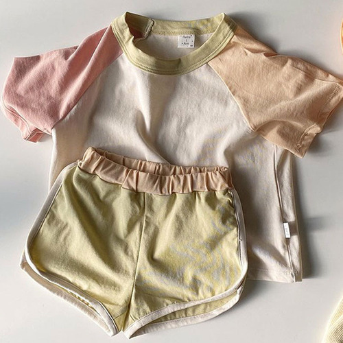 Korean style summer suit for infants and toddlers, simple casual contrasting color patchwork short-sleeved T-shirt + shorts cotton baby two-piece set