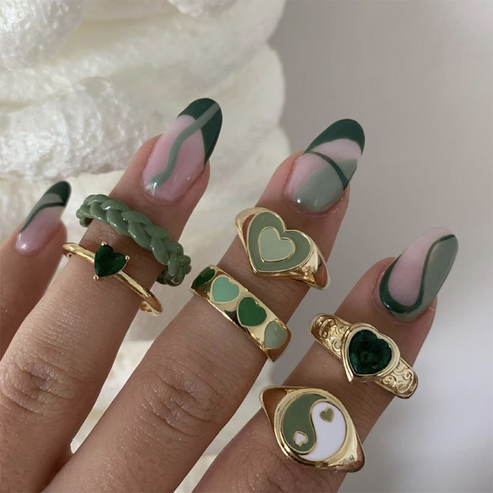 European and American cross-border heart-shaped ring fashion small diamond Tai Chi green peach heart