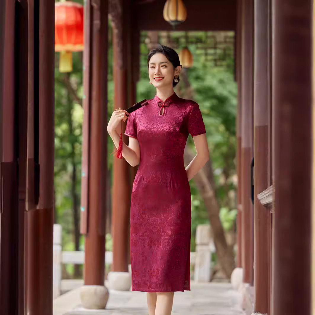 Chinese style new summer improved women's cheongsam solid color mother's clothing small water drop collar short sleeve happy mother-in-law toast clothing